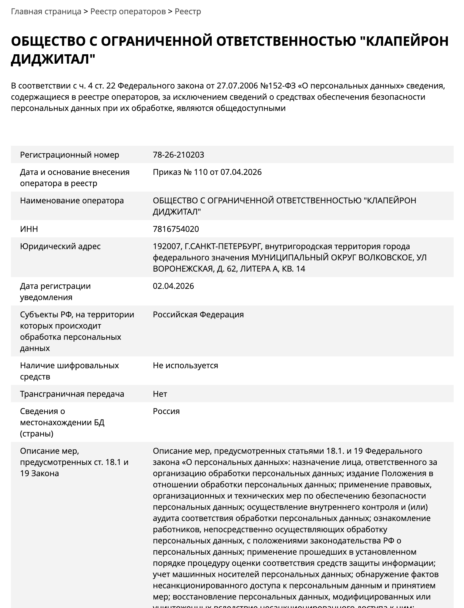 Сведения из реестра операторов персональных данных
