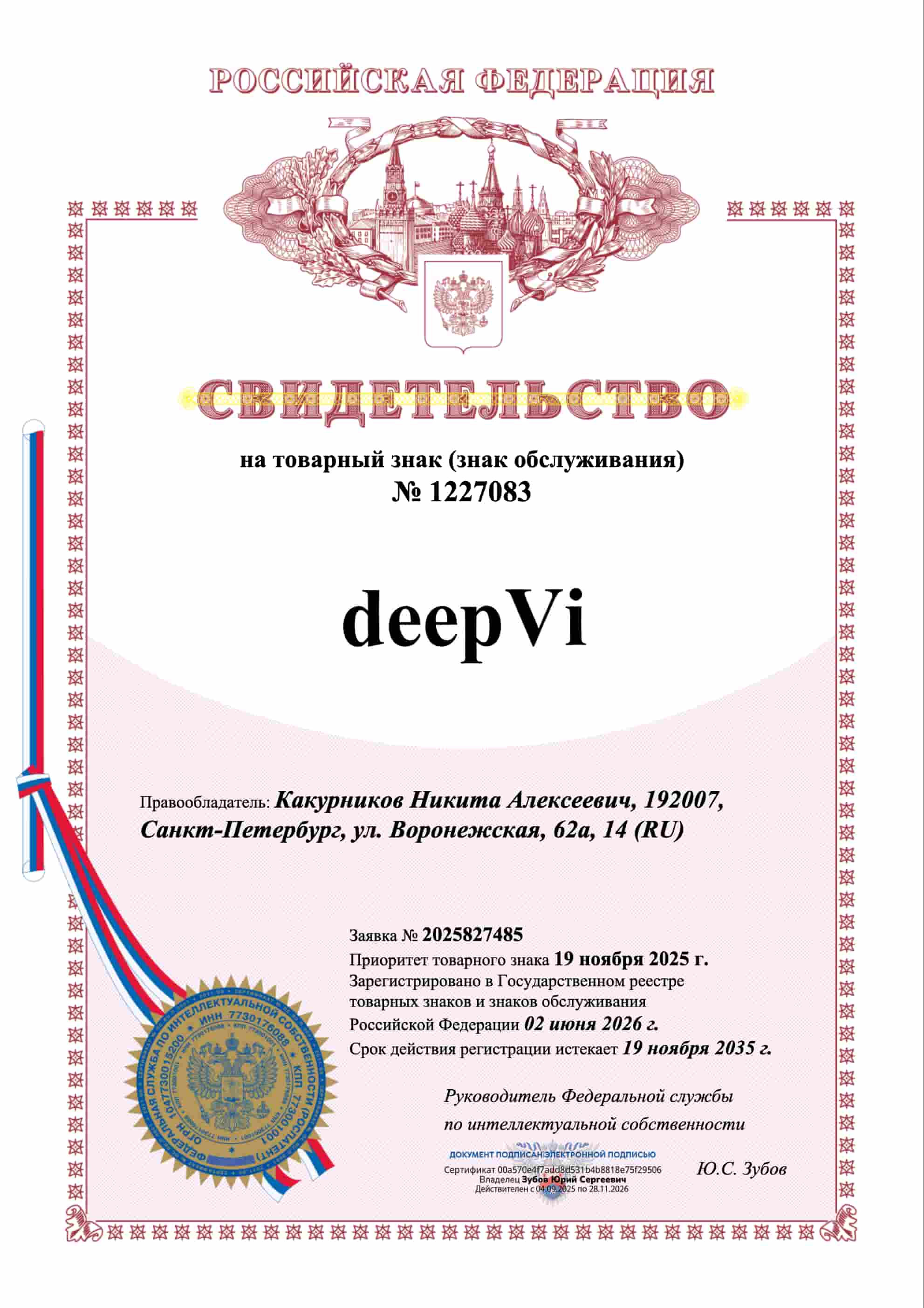 Свидетельство на товарный знак «deepVi»